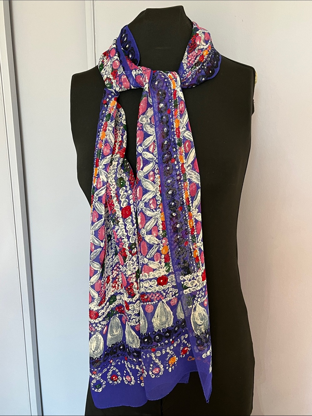 Vintage Carole Little Sheer Silk Scarf Purple Floral  Print Oblong Long Scarf